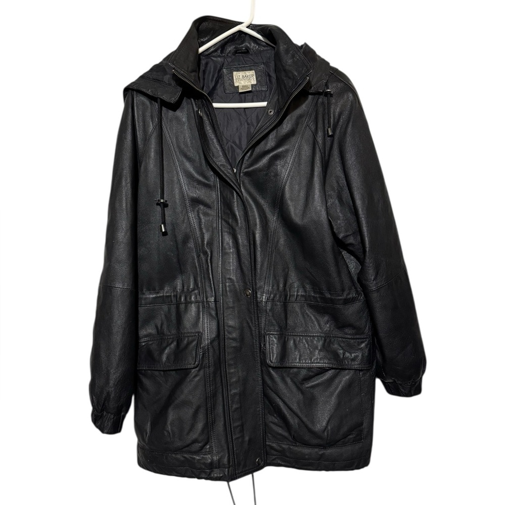 Liz Baker Mens Black Genuine Leather Anorak Utility Cargo Coat Jacket Size Small